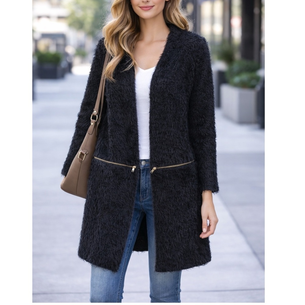 Neiman Marcus Black Fuzzy Sweater Jacket With Zipper Detail